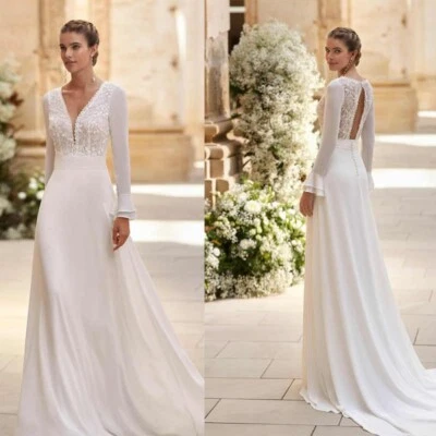 Boho Brautkleid Hochzeitskleid V-Ausschnitt Langarm Duchesse Weiß Ivory 38 40 - Bild 1 von 4