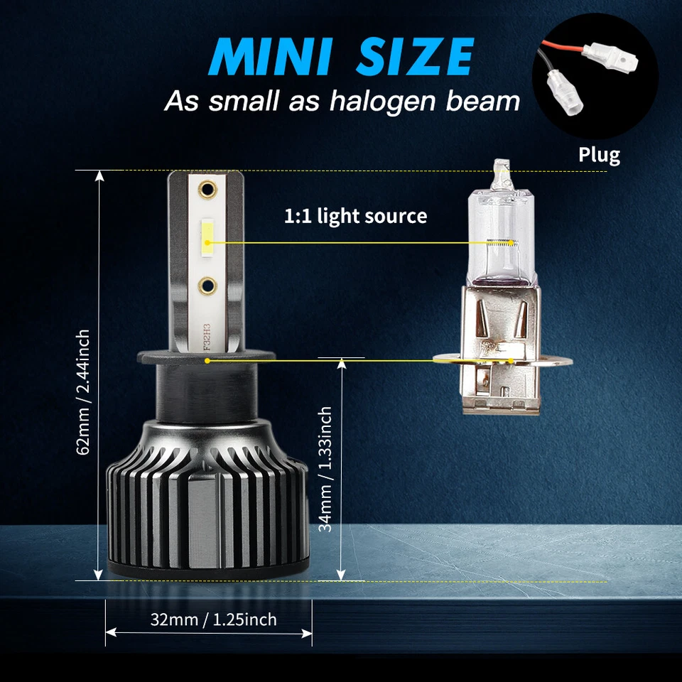 Bevinsee H3 LED Headlight Bulbs Foglight High Low Beam Cold White Lights 6000LM - Image 3 of 4