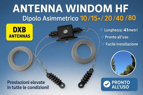 ANTENNA WINDOM FILARE BANDE HF 80/40/20/15/10 METRI LUNGHEZZA 41,4 mtr.