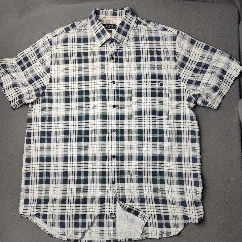 Camisa Nat Nast Para Hombres Grande Azul Marino Blanco A Cuadros Seda Calce Americano Manga Corta Informal Foto 2 de 4