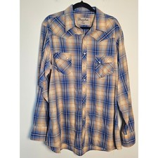 Western Wrancher Wrangler Pearl Snap Shirt Mens XLT Blue Tan Plaid Tall Longslv