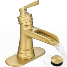 HEYMYTAP Brushed Gold Waterfall Faucet One/3 Hole 4in with Pop-up Drain Deck
