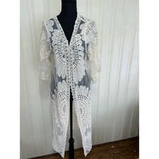 Ivory Cream Sheer M Floral Lace Ethereal Romance Long Kimono Duster Coverup