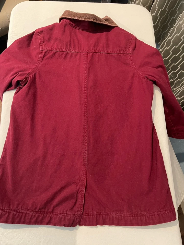 Abrigo de granero Woolrich para mujer mediano rojo cuello de pana manta a rayas línea polar Foto 3 de 4