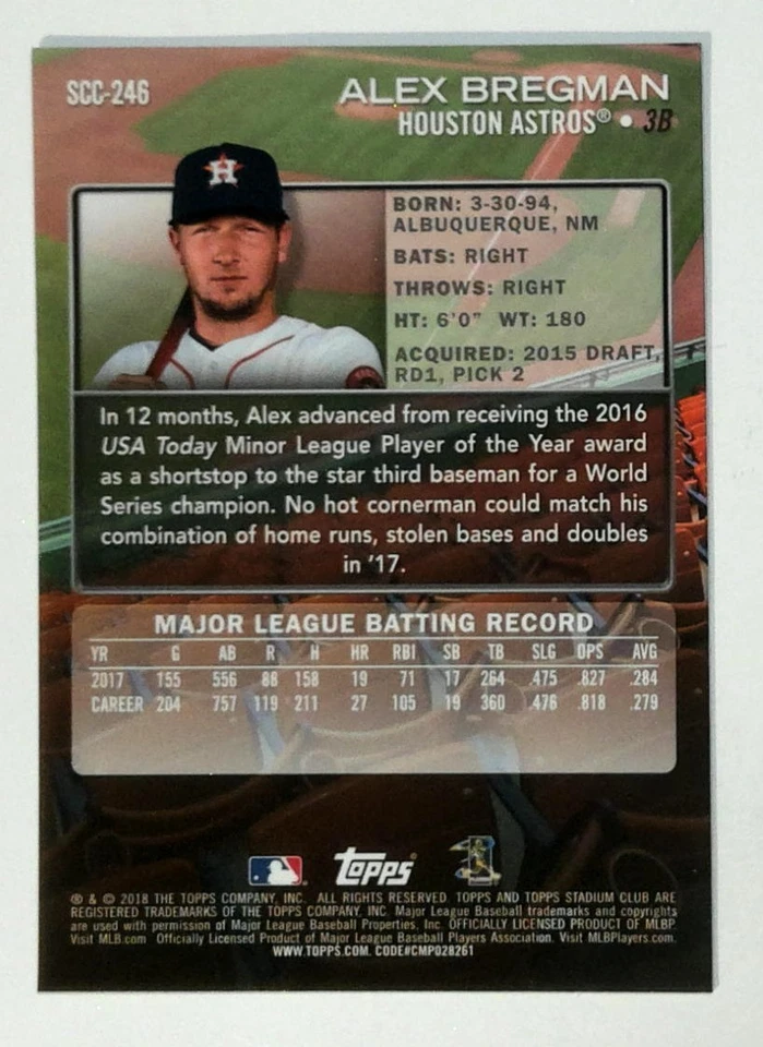2018 Stadium Club #SCC-246 Alex Bregman Chrome Houston Astros Baseball - Image 2 of 2