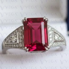 5.50Ct Emerald Cut Natural Red Ruby and Diamond Prong Ring 18K White Gold Plated