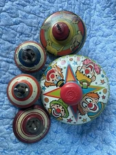 Vintage Spinning Metal Toy Tops Set Of 5 Clowns, Critters & Colorful Circles