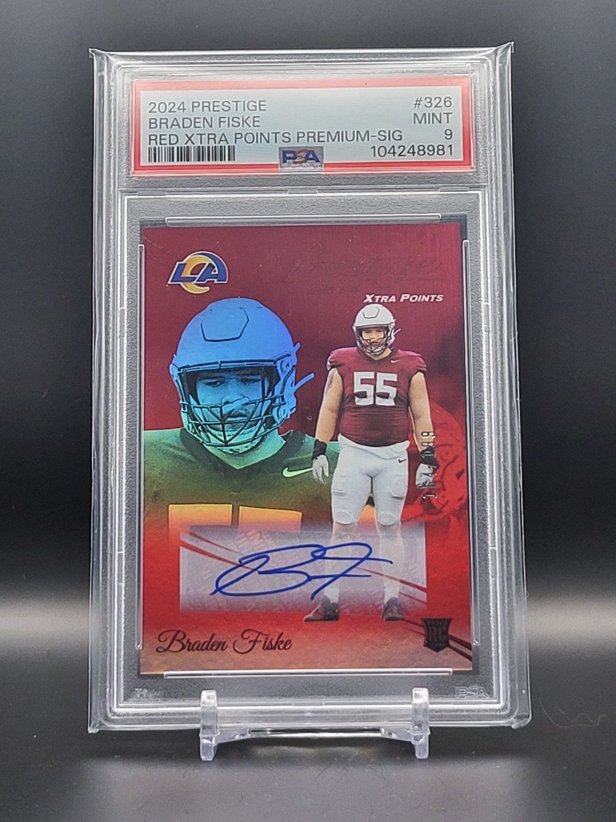 2024 Prestige Xtra Points Sig Premium Red Braden Fiske Auto /199 Rams PSA 9 view 1