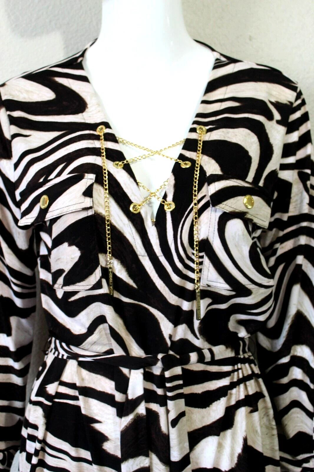 Abito Michael Kors Stampa ghepardo animale zebra guaina metallo catena cintura medio