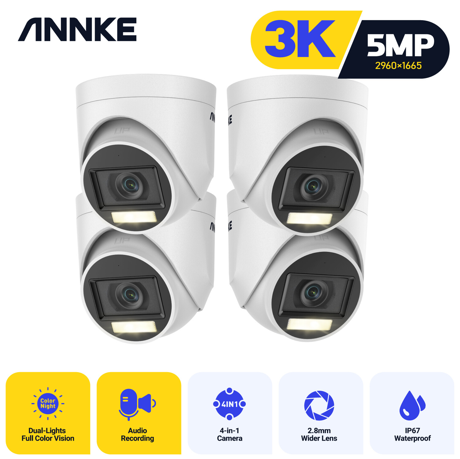 An image depicting ANNKE 4PC HD 5MP Audio CCTV Security Camera Outdoor Color Night Vision IP67 