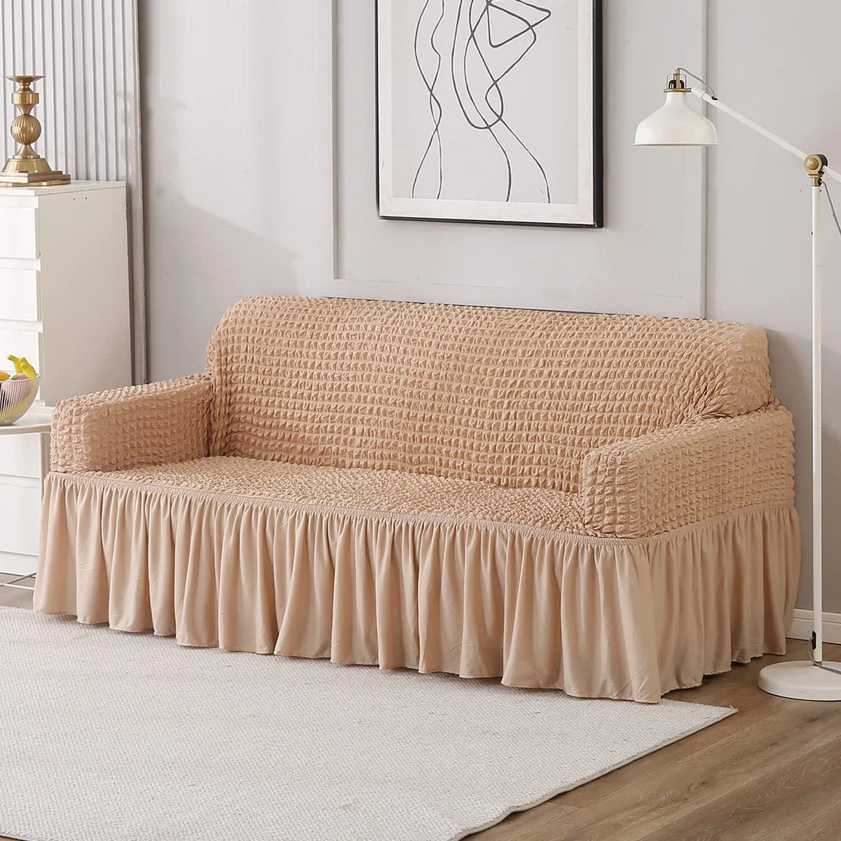 Unique Frill Design Stretchable Sofa Cover With 3 Seater Beige Color For  Home