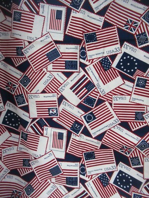 VTG.  Cranston Print Works  Flag Postage Stamps Allover  Cotton Fabric SBTHY X44