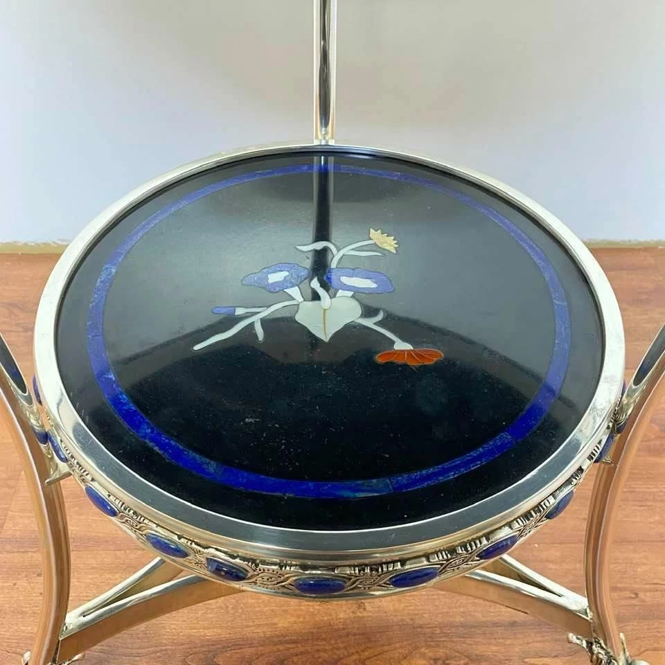 Par de mesa antigua redonda de dos niveles con patas de pata de gueridón de mármol negro azul lapislázuli Foto 4 de 4