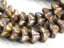 12 - 9x6mm CZECH GLASS BEADS OPAQUE YELLOW BROWN PICASSO 5 PETAL BELL FLOWER
