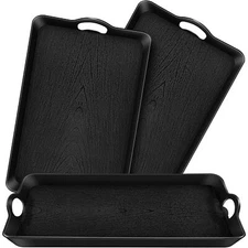 3 Pack Black Serving Tray With Handles 20.5"x13.4" Large Plastic Rectangular Ott