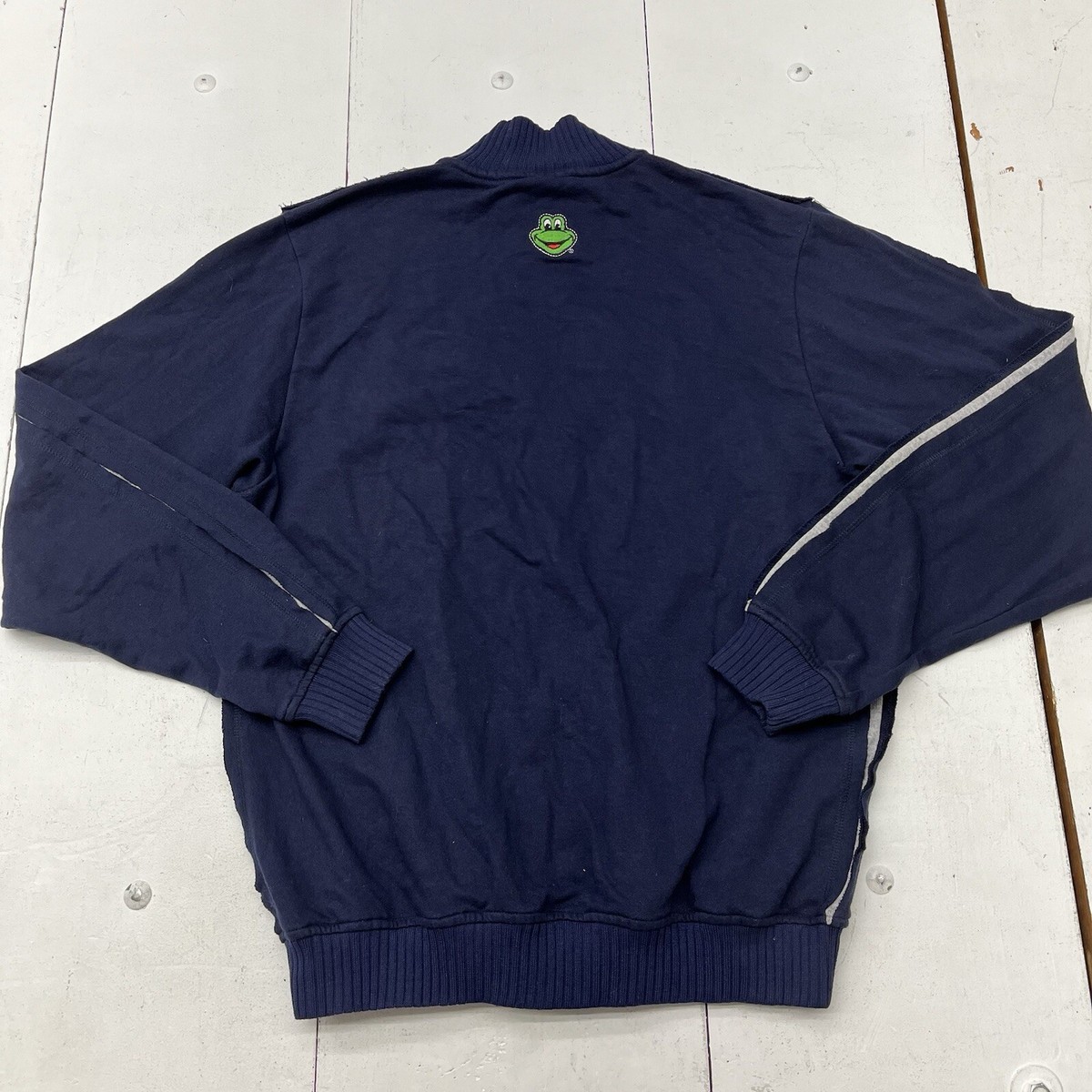 Blue Embroidered Full Zip Ribbed Mock Neck And Cuff Jacket Pockets