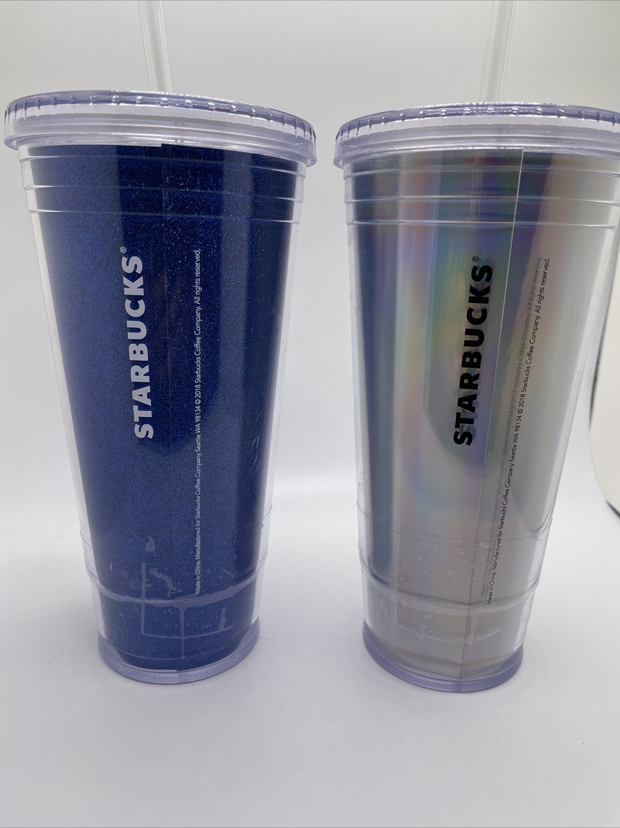 Starbucks 20 oz Tumbler Drink Cups Lot Of 2 Glitter Blue Silver