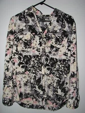 Talbots Top Shirt Women's Size 12 Black Pink Abstract Long Roll Tab Sleeve Work