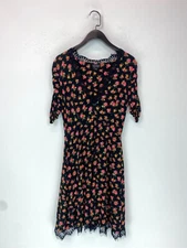 Topshop Black Floral Skater Dress V Neck Lace Trim Short Sleeve UK 10