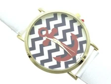 Geneva Coastal Boutique White CHEVRON Navy Gold ANCHOR Nautical Wrist Watch NWT