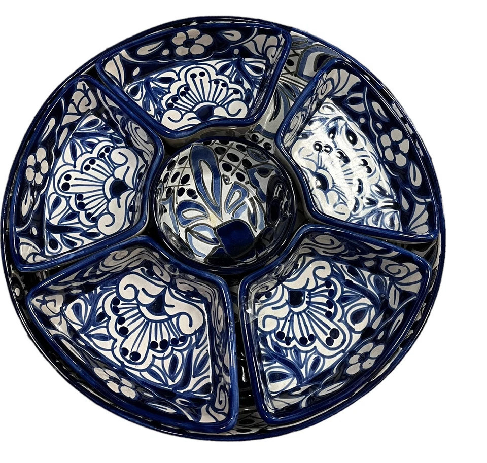 Plato de aperitivo azul cobalto arte popular mexicano 7 piezas bandeja de aperitivos sin plomo Foto 2 de 4