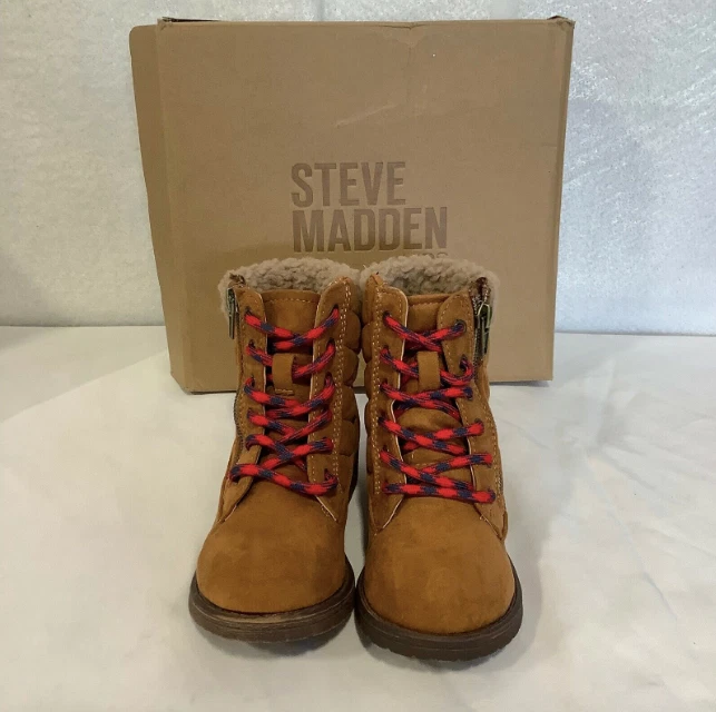 Botas de nieve Steve Madden Roddes talla 11 para niñas color marrón coñac con ribete de piel con cremallera Foto 2 de 4