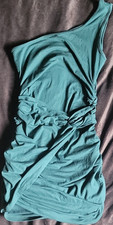 SHEIN One Shoulder Ruched Teal Bodycon Dress, Womens Short Solid Stretch S