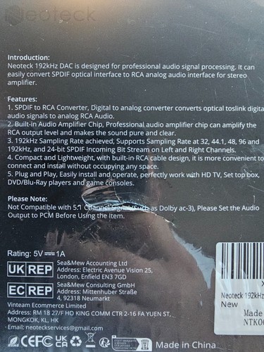 Neoteck NTK004a 192kHz Optical to RCA DAC Converter - Brand New - Sealed box - Picture 9 of 9