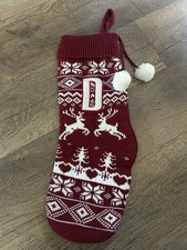 Matalan Red Fairisle Pom Pom Knitted Christmas Stocking Sock Letter Initial D 
