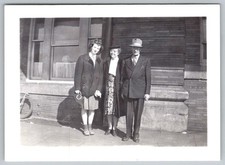 Vtg B&W Snapshot Two Women And Man in Coats And Hats Outside 1946