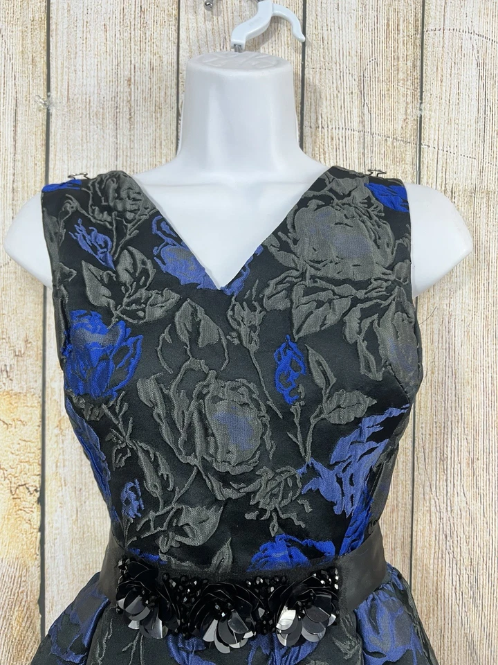 Teri Jon Rickie Freeman Jacquard Dress 10 Black Blue Floral Fit Flare Regency - Image 3 of 4