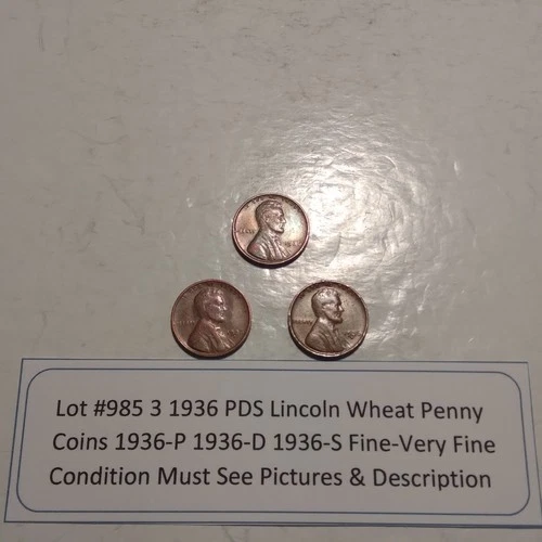 Lot #985 3 Beautiful Lincoln Wheats 1936-P 1936-D 1936-S VG-F-VF See Pictures