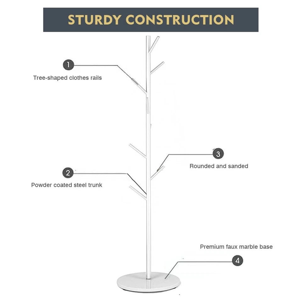 DelSol Coat Rack Hat Clothes Stand Hanger Garment Hook Tree Rail Organizer White - image 3 of 4