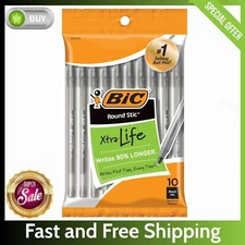 BIC 10-Pack Round Stic Xtra Life Pens – Medium Point, Black Ink, Flexible Barrel