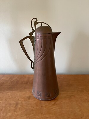 Antique WMF (Germany) Large Copper & Brass Coffee Pot with Attached Lid