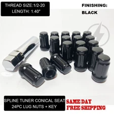 24 Black Spline Lug Nuts 1/2"-20 Fits Dodge Dakota Durango Viper + Security Key