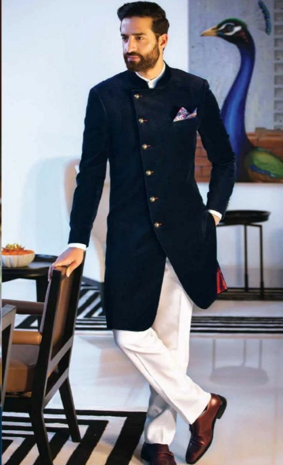 Mens Velvet Sherwani Indian Royal Wedding Groomsmen Achkan Designer Kurta Pyjama