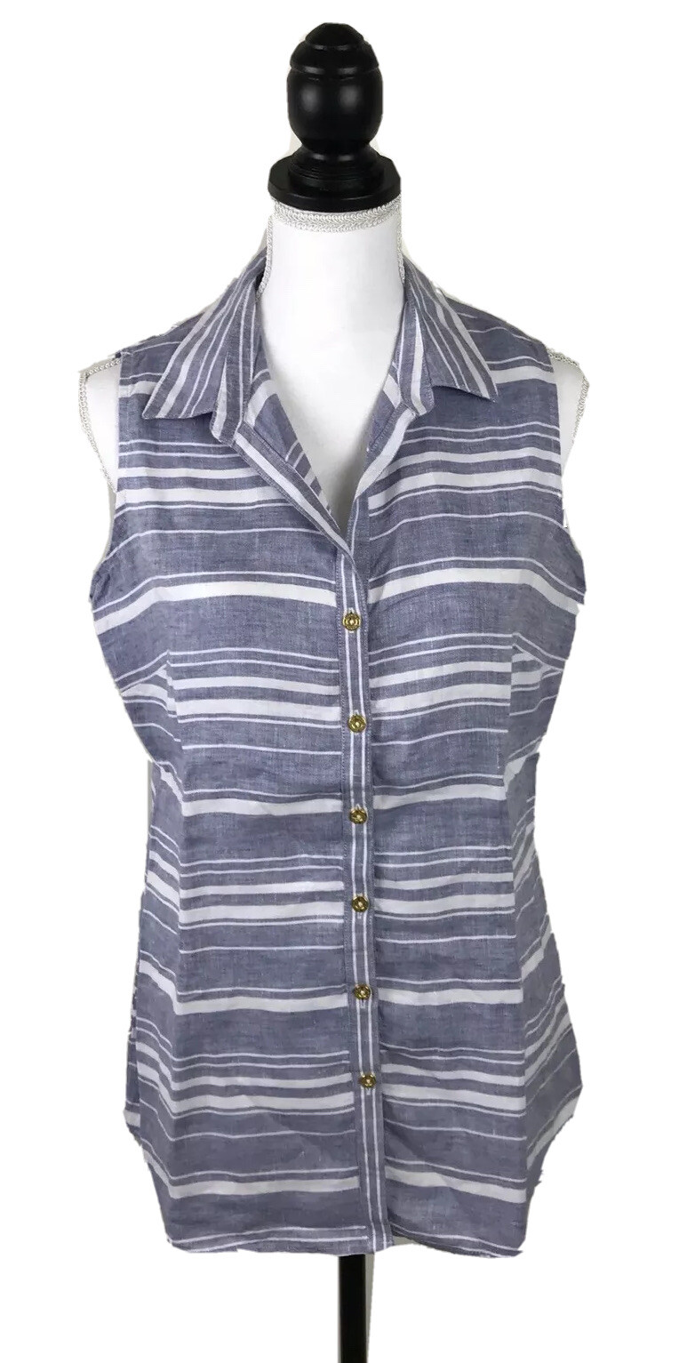 ELLEN TRACY Gray White Button Down Sleeveless Blo… - image 1