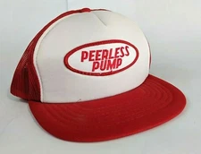 Vintage Peerless Pump Trucker Hat White Red Mesh Cap Snapback Patch