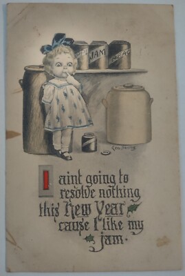 Vintage Postcard New Years Dening Art Cute Girl Resolution AA43