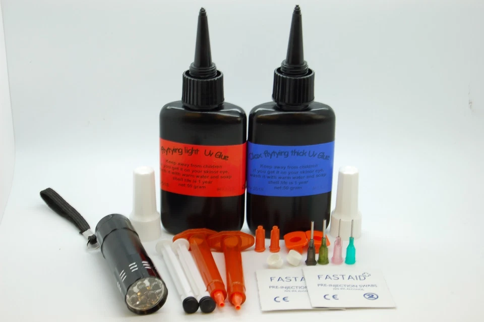 OLAX 50g Dickflüssig + 50g Licht Fliegenbinden UV Kleber + 9 LED Taschenlampe Bündel