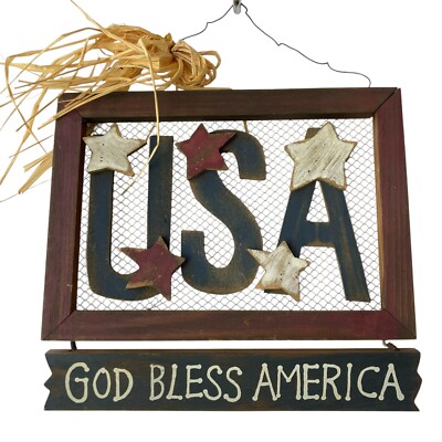 Vintage Americana Wall Door Sign God Bless America Wood Decor July 4th Red Blue