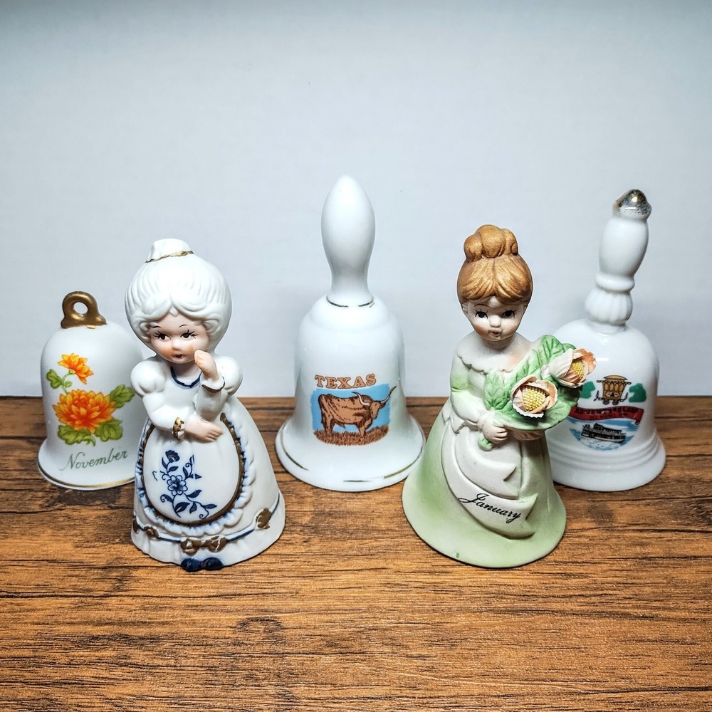 Vintage - Lot of 5 Porcelain Bells, Figurines Texas Iowa, Lego Lefton Jasco