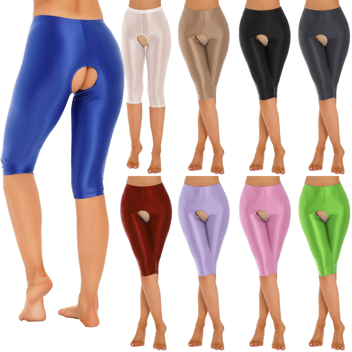 Womens Glossy Open Crotch Shorts Stretchy Smooth Leggings Slim Fit Short  Pants