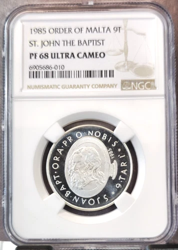 1985 ORDER OF MALTA SILVER 9 TARI SAINT JOHN NGC PF 68 ULTRA CAMEO RARE TOP POP