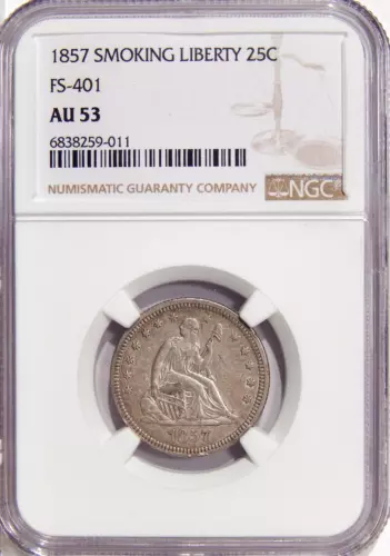 1857 25c NGC AU 53 FS-401 ~ SMOKING LIBERTY SEATED LIBERTY QUARTER VARIETY
