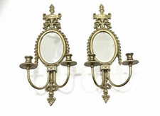Brass Pagoda Mirror Wall Sconce Pair, French Provincial Style, Antique