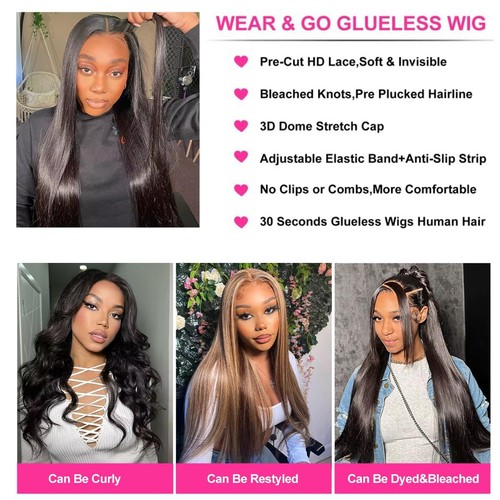 Wear and Go Glueless Wigs Straight Human Hair Pre Plucked Pre Cut 4x4 Lace wig - Picture 4 of 8