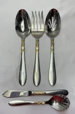 5pc Serving Spoon Fork Knife Pierced Gorham Golden Ballet Ribbon 18/10 Vietnam