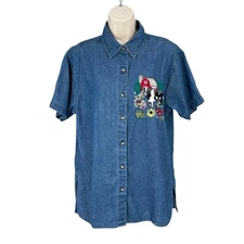 Vintage Cottage Denim Shirt Women Size M Blue Embroidered Country Cow Barn Farm